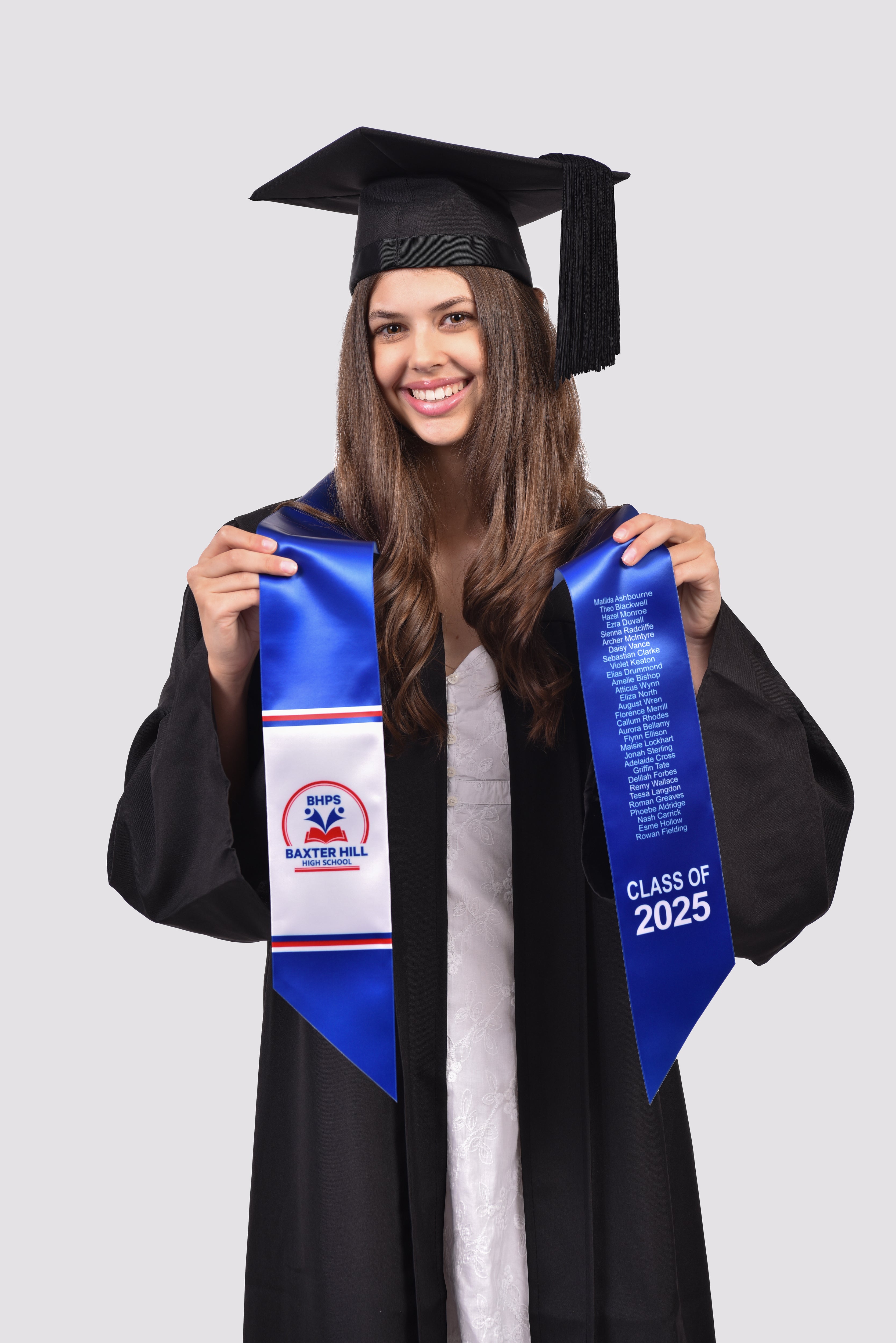 Blue and White Branded Graduation Sash With Printed Student Names