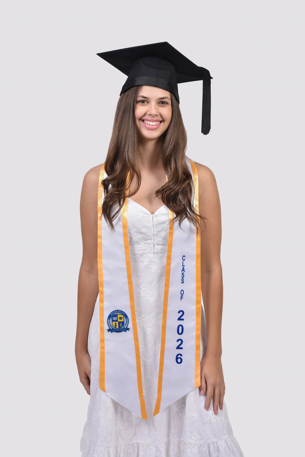 White with gold edge trim satin graduation sash design